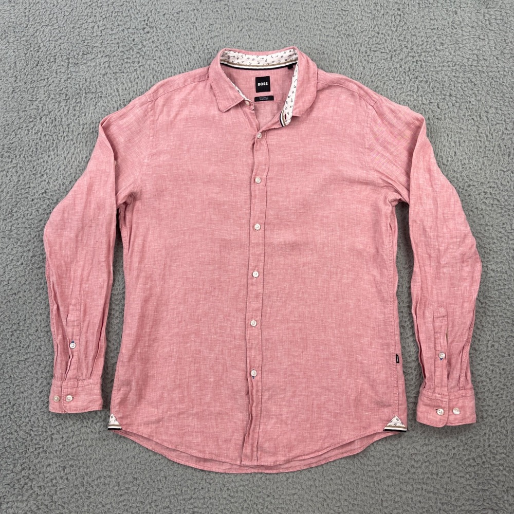 Hugo Boss Button Down Shirt Mens Large Red Pure Linen Regular Fit Long Sleeve